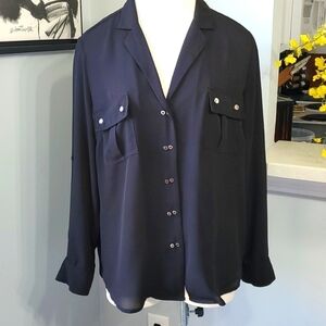 Catherine malandrina, black‎ button blouse with pockets and tab sleeves. Large